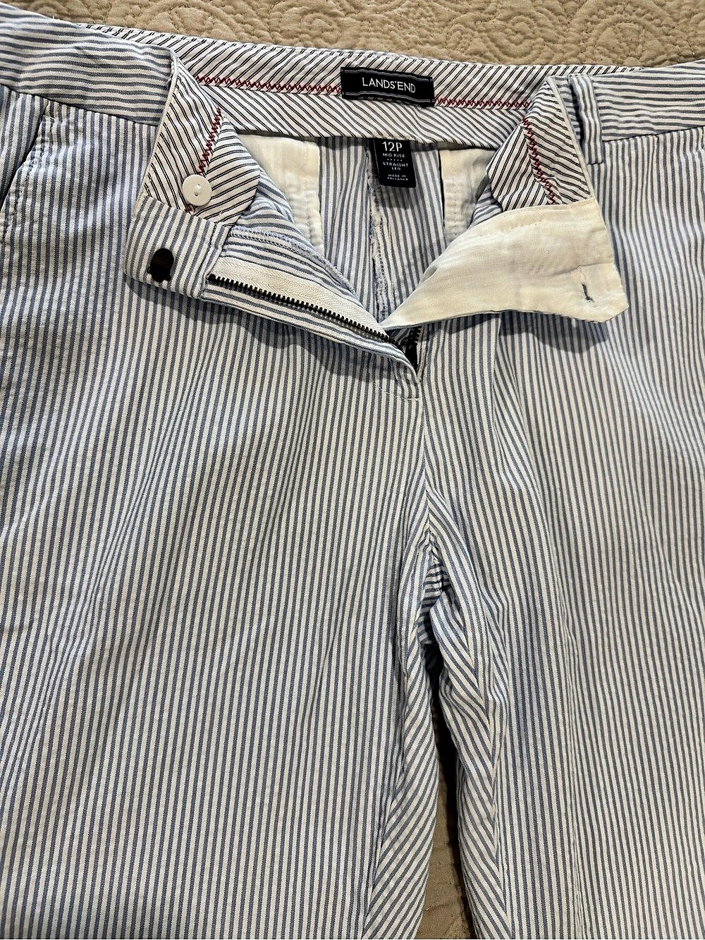 LANDS’ END Seersucker Striped Straight Leg Pants Baby Blue & White Size 12P